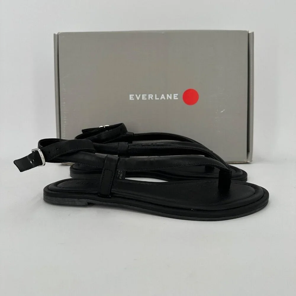 Everlane The Endless Summer Sandal size 6.5 Black Leather Thong w/ Ankle Strap